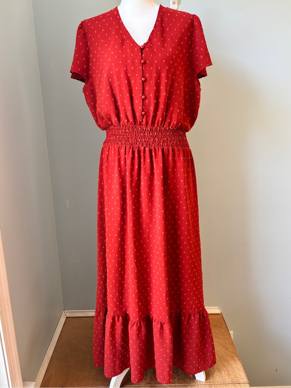 Orange Short-Sleeve Smocked-Waist Maxi Dress